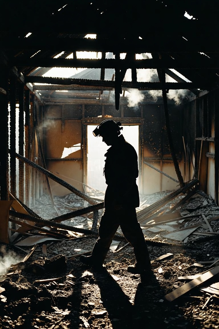 Investigator walking the scene of a structure fire